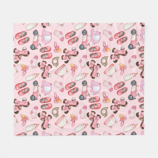 ぬいぐるみ・衣類付き水彩赤ちゃん女の子パターン フリースブランケット (正面(横))