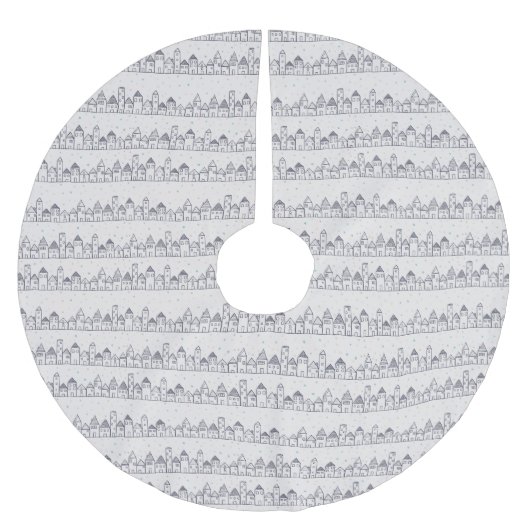 ぬりえページ雪のクリスマスビレッジ ブラッシュドポリエステルツリースカート (正面)