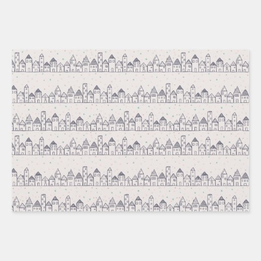 ぬりえページ雪のクリスマスビレッジ ラッピングペーパーシート (正面)