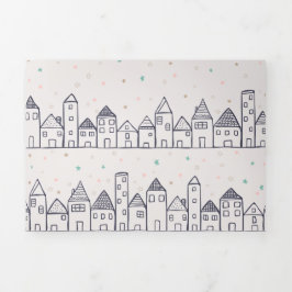 ぬりえページ雪のクリスマスビレッジ 三つ折りクリスマスカード