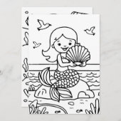 ぬりえ　人魚のページ　子供のアクティビティ サンキューカード (正面/裏面)