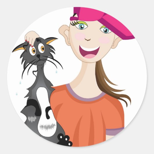 ぬれた猫の女の子 ラウンドシール (正面)