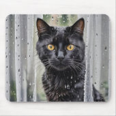 ぬれた窓から外を眺める黒猫 マウスパッド (正面)