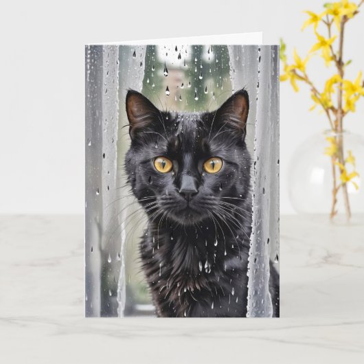 ぬれた窓から眺める猫 カード (黄色い花)