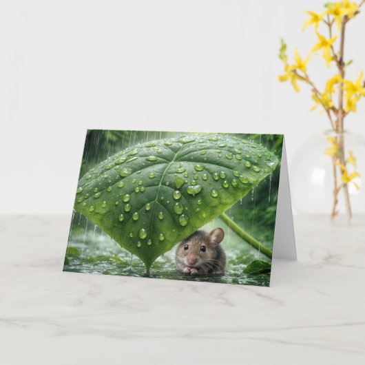 ぬれた考え葉の下にネズミが カード (黄色い花)