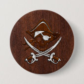 ぬれた航海のなマホガニーの海賊スカルの鋼鉄 缶バッジ (正面)