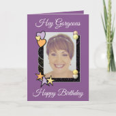 ねえゴージャスなハートスター写真紫の誕生日 カード (正面)