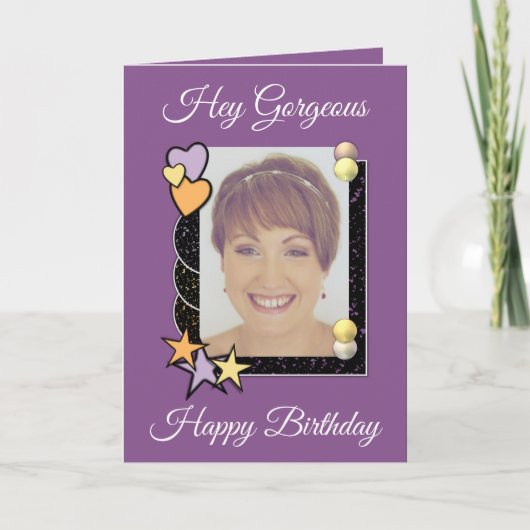 ねえゴージャスなハートスター写真紫の誕生日 カード (正面)