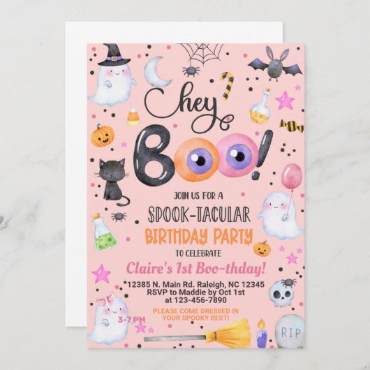 ねえブハロウィーン女の子の誕生日招待状任意の年齢。 招待状 (正面/裏面)