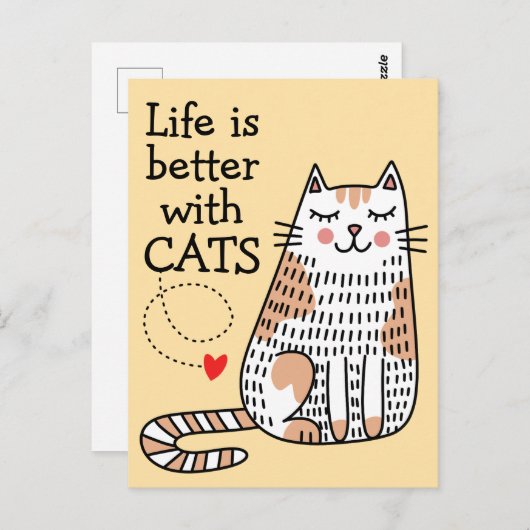 ねこがいると人生はもっと楽しい ドゥードル ポストカード (正面/裏面)
