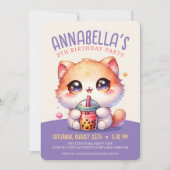 ねこがボバを飲むキュートなバブルティー誕生日パーティー 招待状 (正面)