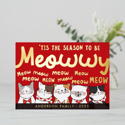 ねこが歌う季節 ~ ふわふわユーモアなネコたちのクリスマス・ソング 箔シーズンカード (立ち正面)