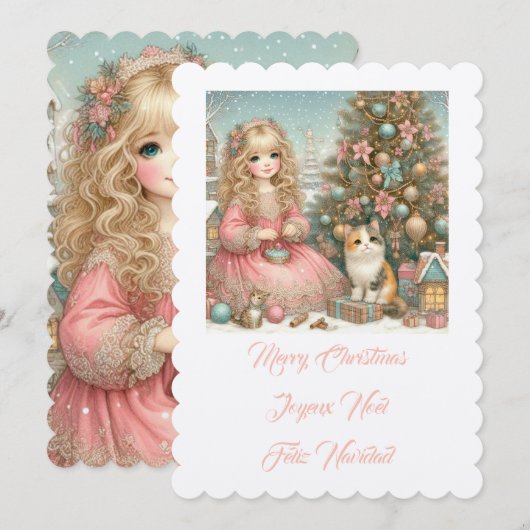 ねこちゃんと少女、クリスマスおめでとう 招待状 (正面/裏面)
