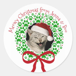 ねこちゃんのクリスマス・パウ・プリントのホリデー・リースの写真 ラウンドシール