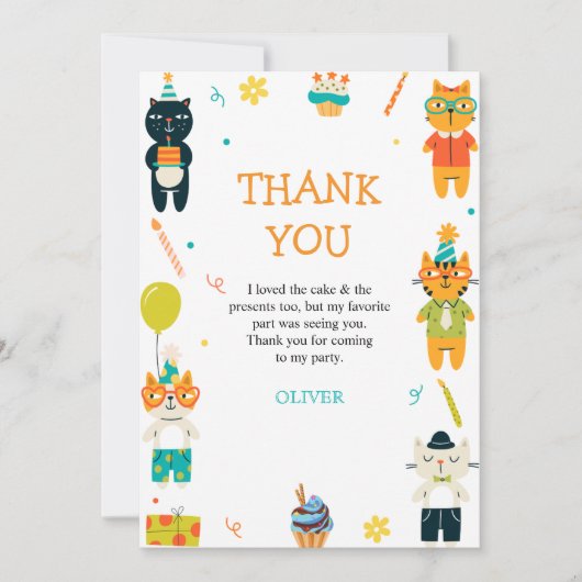 ねこちゃんの3歳の誕生日お礼カード ファニーキャッツスリー サンキューカード (正面)