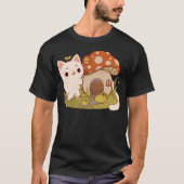 ねことカエルの友だち付きききのこの家 Tシャツ (正面)