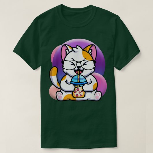 ねこぼばラーメン食べるアニメかわいいネコ, ネコラーメン食べる Tシャツ (デザイン正面)
