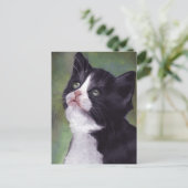 ねこを描いたオイルパステル画：上を見上げる猫 ポストカード (スタンド正面)