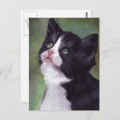 ねこを描いたオイルパステル画：上を見上げる猫 ポストカード (正面/裏面)