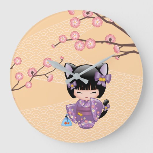 ねこコケシ人形 – 猫耳ゲイザーガール ラージ壁時計 (正面)