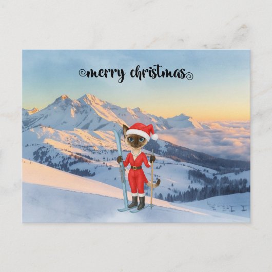 ねこサンタクロースのシャム猫ファンのためのスキークリスマス シーズンポストカード (正面)