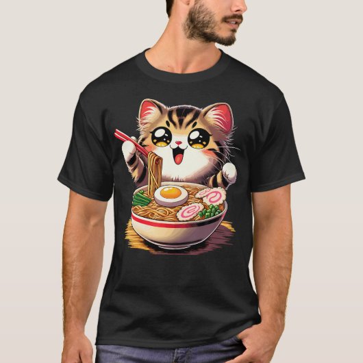 ねこラーメンかわいい日本の猫 Tシャツ (正面)