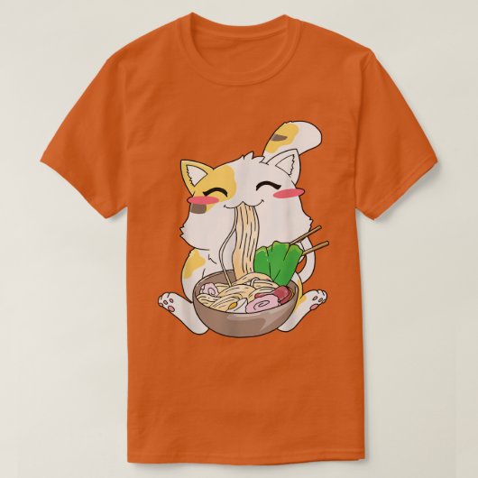 ねこラーメン丼日本のアニメかわいい猫 Tシャツ (デザイン正面)
