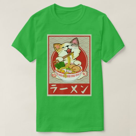 ねこラーメン丼日本のアニメかわいい猫 Tシャツ (デザイン正面)