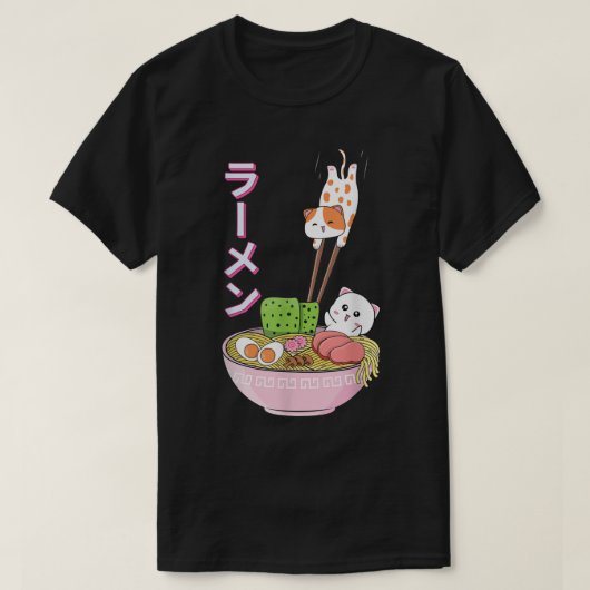 ねこラーメン女子女子日本のかわいいT- Tシャツ (デザイン正面)