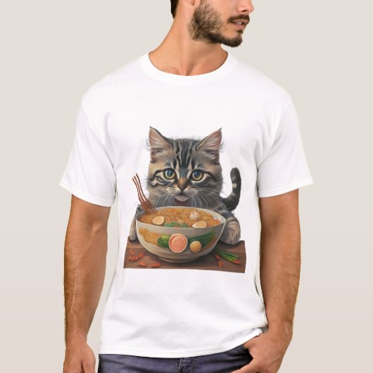 ねこラーメン、かわいい猫のラーメン食べ物、日本のラーメン Tシャツ (正面)