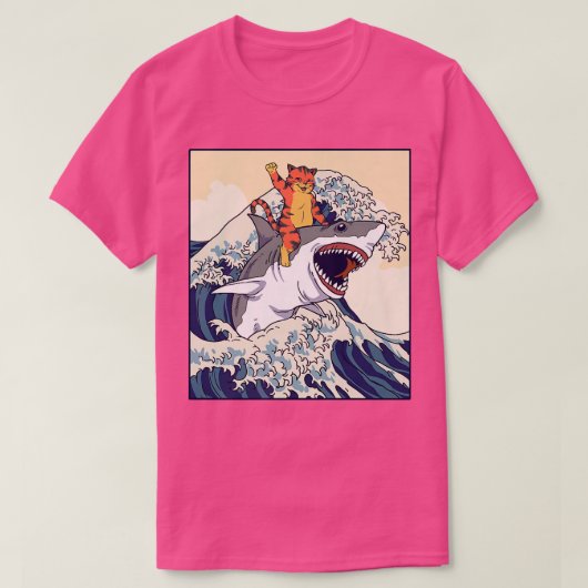 ねこ乗りシャーク日本のウェーブ Tシャツ (デザイン正面)