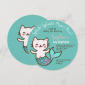 ねこ人魚 青い 丸い 女の子 誕生日 プーマーメイド 招待状 (正面/裏面)