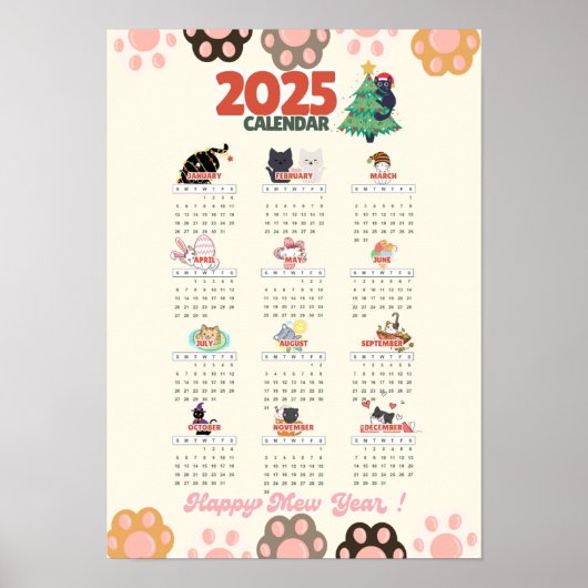 ねこ好きのためのハッピーな2025年壁掛けカレンダー ポスター (正面)