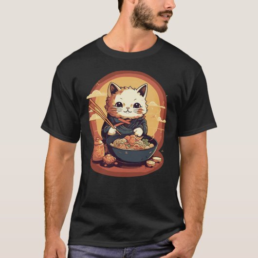 ねこ日本のキティ猫の食べ物ラーメン Tシャツ (正面)