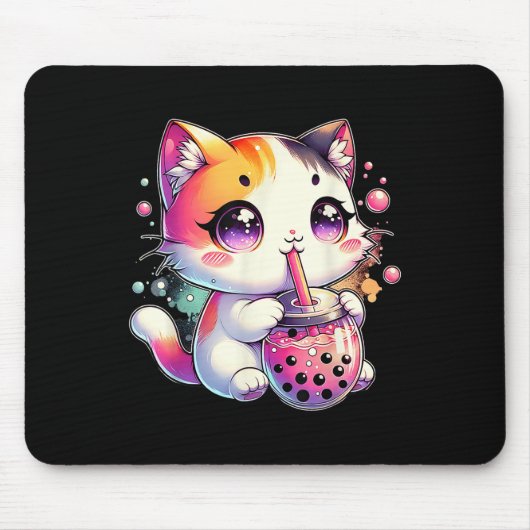 ねこ棒茶アニメ日本のかわいいねこバブルティー マウスパッド (正面)