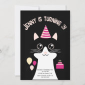 ねこ黒ピンクの誕生日の招待状 シーズンカード (正面)