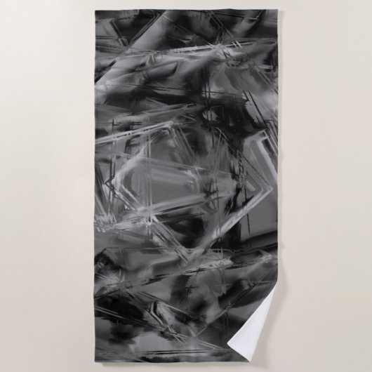 ねじれた正方形、グレーと黒の「ブラシストローク」 ビーチタオル (正面)