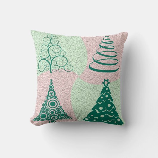 ねじれた緑のピンクの木のクリスマス クッション (正面)