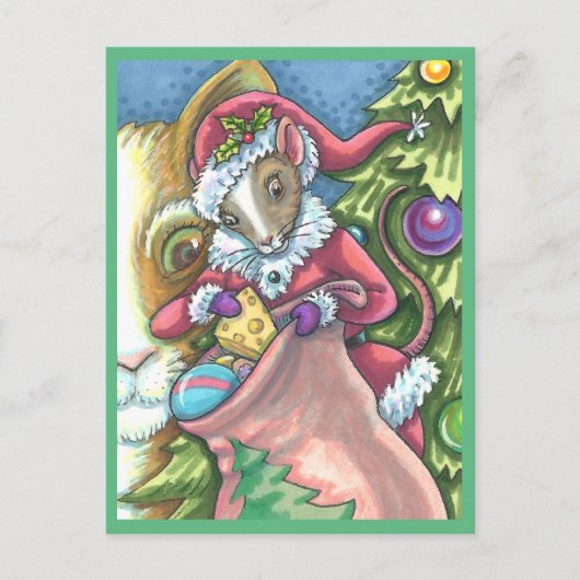 ねずみサンタが猫にクリスマスプレゼントをプレゼントかわいい シーズンポストカード (正面)