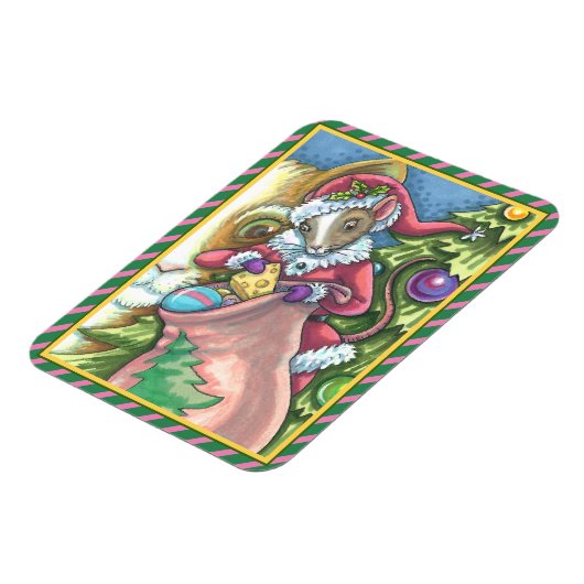 ねずみサンタが猫にクリスマスプレゼントをプレゼントかわいい マグネット (左側)