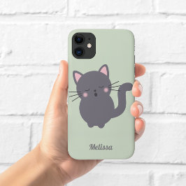 ねむそうなグレー猫のセージ柄のカスタムスマホケース iPhone 11 ケース