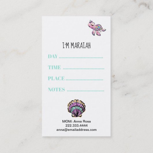 *~*のお母さんカード-演劇の日付のグリッターの人魚こんにちは 名刺 (裏面)