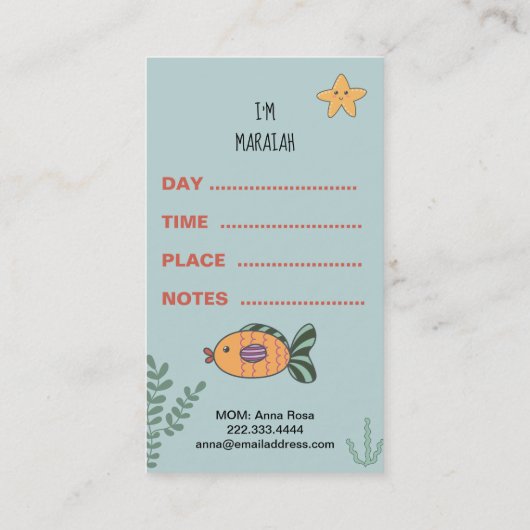 *~*のお母さんカード-演劇の日付カードの人魚のヒトデ 名刺 (裏面)