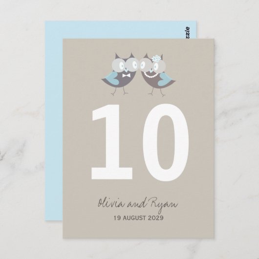 のお洒落結婚茶色の青いフクロウのテーブル番号 ポストカード (正面/裏面)