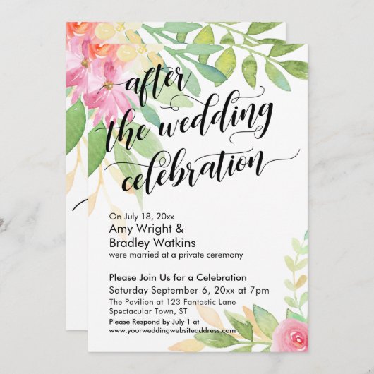 のお祝い結婚水の色の花の後 招待状 (正面/裏面)