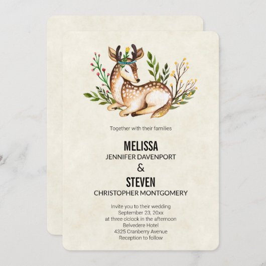のかわいらし下に敷かれた水の色の鹿結婚の数 招待状 (正面/裏面)