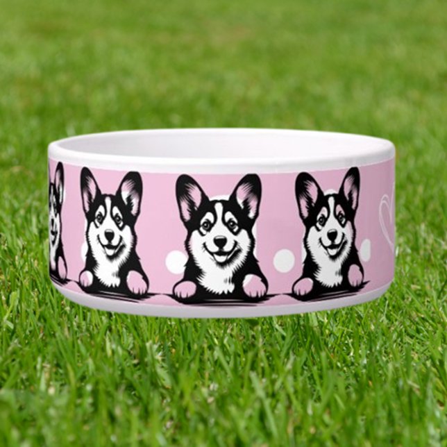 のぞき込むコーギー カスタマイズ ピンクテーマ ボウル (Trendy  Custom Dog Name Bowl)