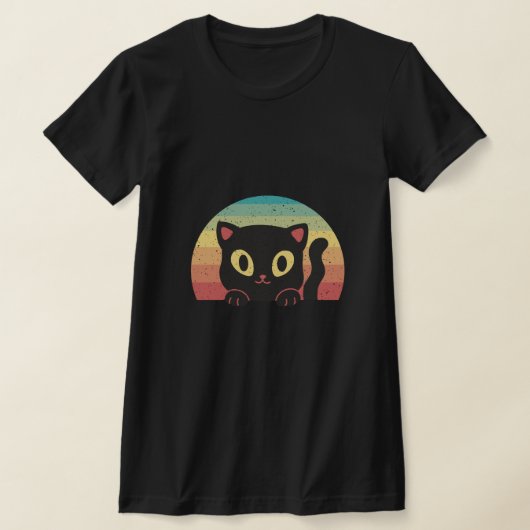 のぞき込む黒猫 - レトロな70年代のサンセット風猫デザイン Tシャツ (レイダウン)