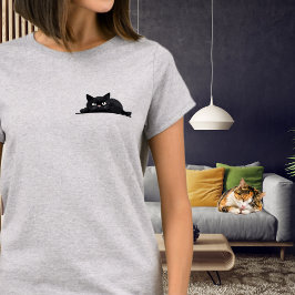 のぞく黒猫 かわいいミニマリストデザイン Tシャツ