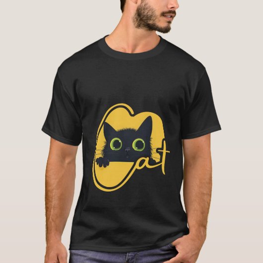 のぞく黒猫:大きな緑の目のネコのデザイン Tシャツ (正面)